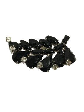 Metal Silver Tone Vintage Black Rhinestone  Leaf Brooch Pin